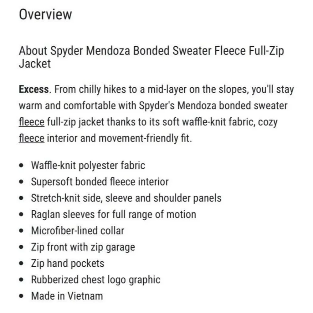 New $129 Spyder Men Mendoza Bonded Sweater Fleece Full-Zip Jacket Red Medium‎